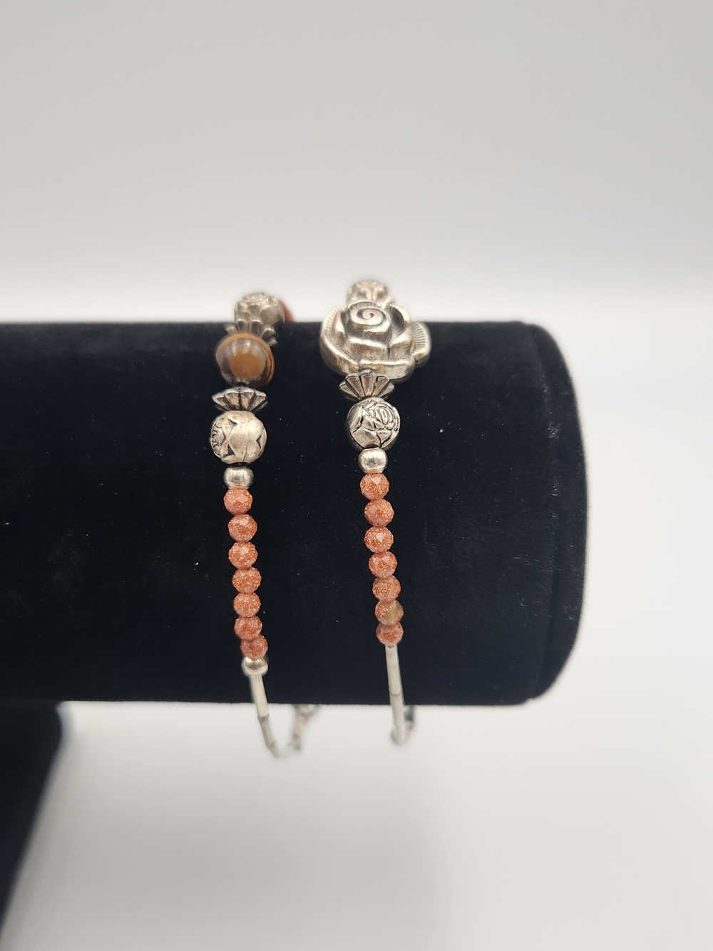 Silver Tone Tube Beads & Rose Accent W/ orange Glass Sparkling beads Bracelet